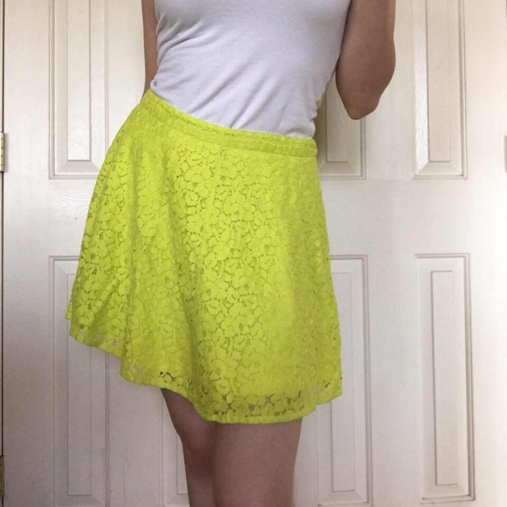 Neon yellow/green lace overlay mini skater skirt